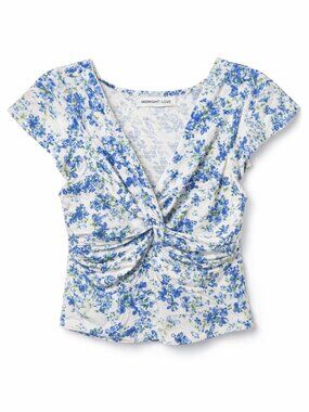 Midnight Sky Blue Floral Twist Front Smocked back Blouse - Size Medium